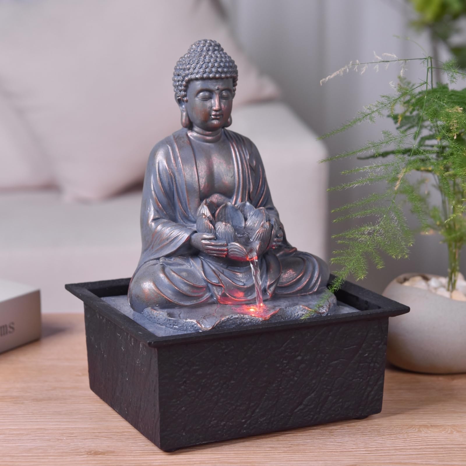 Fontaine d’Intérieur Bouddha Méditation Lotus Lumière LED Coloré – Déco Zen Salon Chambre - Fontaine de Table Mouvement Relaxant - Porte-Bonheur Cadeau Utile Femme et Homme – H 26cm – Sutra Zen’Light