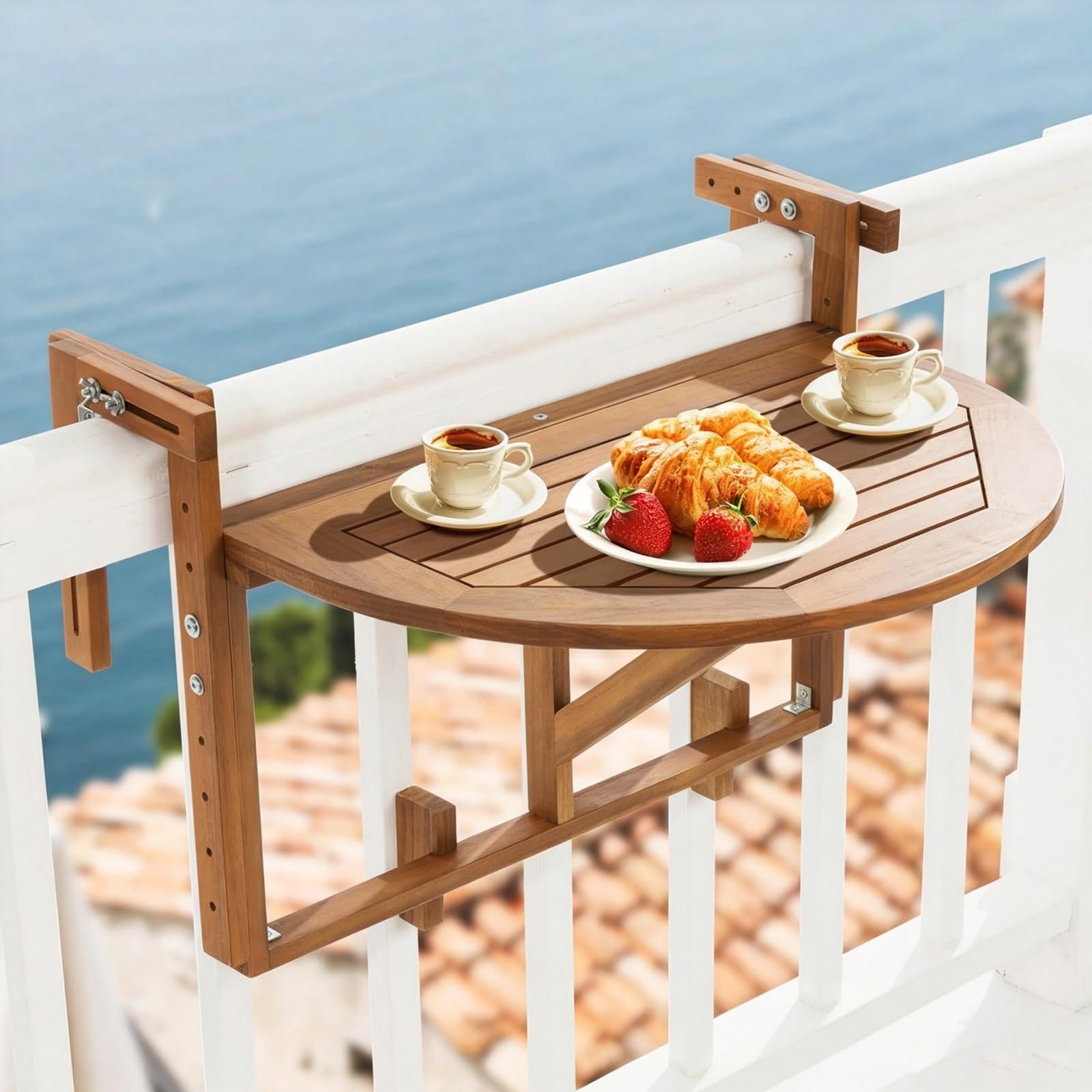 Mesa plegable balcón semicircular de 66x68,5x43cm para barandilla y terraza exterior