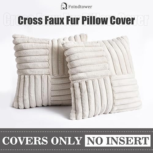 Miniatura 6 de Foindtower Paquete de 2 fundas de almohada decorativas de felpa de pelo sintético suave y esponjoso, funda de cojín lumbar acogedora a rayas,