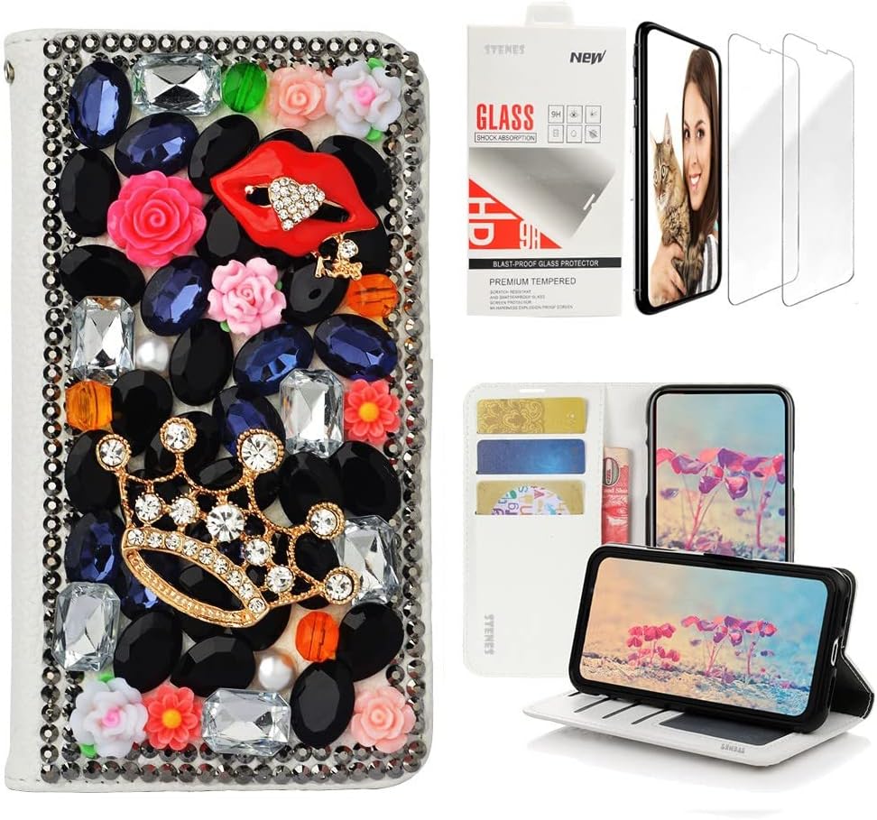 STENES Bling Wallet Phone Case Compatible with Moto G Play 2021 - Stylish - 3D Handmade Crown Sexy Lips Rose Floral Leather Cover with Screen Protector [2 Pack] - Black