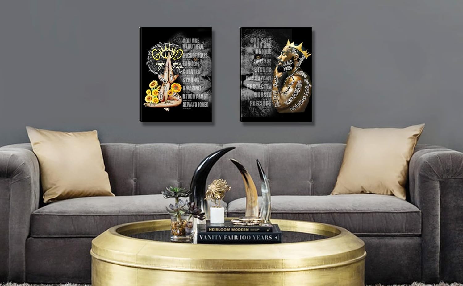 2 Pecs Framed Black King and Queen Wall Art Black Couple African American Men Portrait Wall Art Black Men Art Afro King Poster Abstract Contemporary Canvas Prints Painting Home Decor for Bedroom