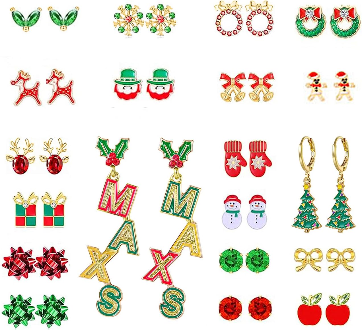Christmas Earrings Bulk for Women Teens,20 Pairs Hypoallergenic Holiday Stud Earring Set Cute Santa Claus Reindeer Snowflakes Snowman Christmas Tree Earring Stud Fun Holiday Earrings variety Pack Winter Jewelry