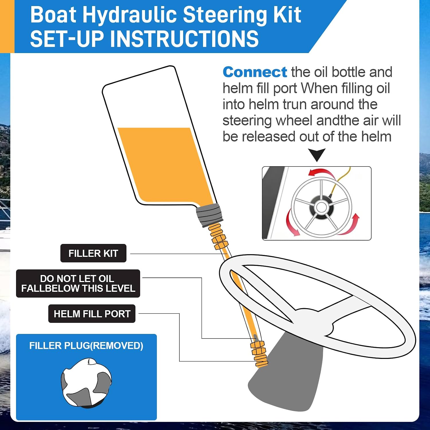 Hydraulic Steering Bleed Kit, with Leak-Proof Brass Connector & Quick Connection, Enhanced Version Marine Bleeder Tool for Boat Steering Systems Upgraded Cap Thread for Oil Injection & Exhaust