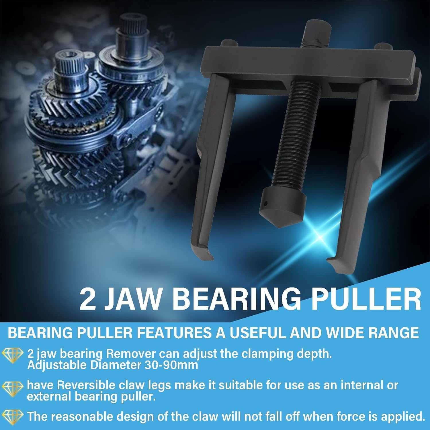 2 jaw Bearing Puller, Adjustable Two Jaw Puller Tool for Removal Small Bearing or Gears, Pulley, and Flywheel 30mm - 90mm