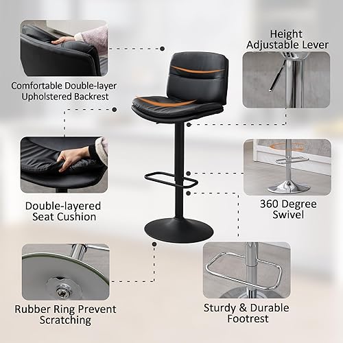 Miniatura 4 de Juego de 2 taburetes de bar giratorios tapizados de doble capa con respaldo, taburete de bar ajustable de 24 a 32 pulgadas, taburetes de bar de piel