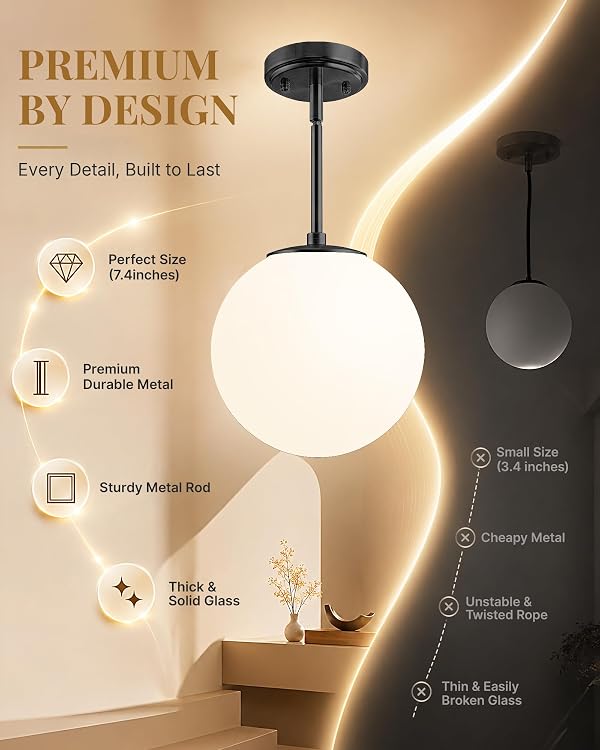 Majade 7.4" Globe Pendant Lights Kitchen Island Black Mid Century Modern Pendant Light Fixtures 2 Pack Ceiling Lighting with Milk Glass Shade Adjustable Brushed Brass Hanging Light for Dining Room by Majade - Used condition - Image 2
