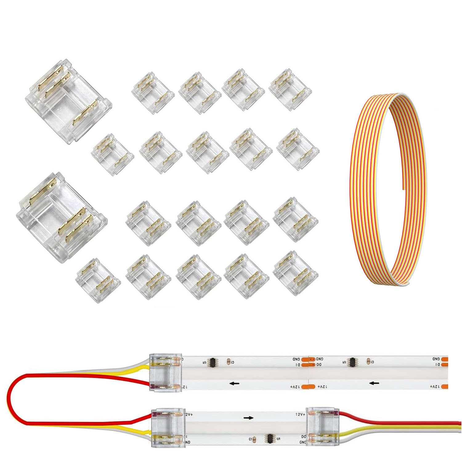 20pcs 3pin COB LED Strip Light Connector kit 3-pin 12mm/0.47in Gapless Solderless Connector,3m 22AWG Extension Wires for RGB Smart IC COB LED Strip Lights (3p-12mm-20pcs+3m)