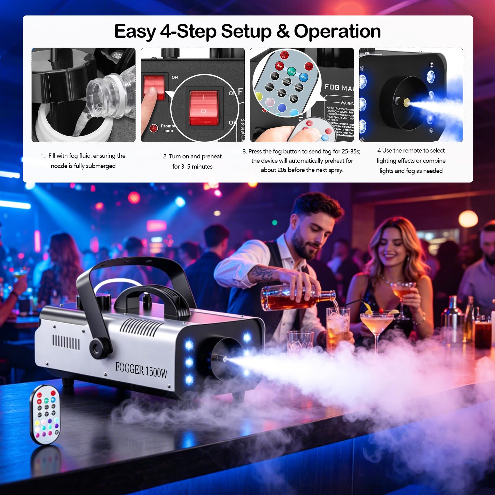 Macchina del fumo 1500W con 6 LED RGB e telecomando wireless, macchina nebbia con effetti luminosi per DJ, feste, Halloween, matrimonio, Natale e palco