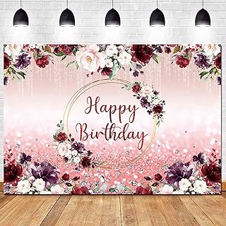 Burgundy Flower Happy Birthday Photography Backdrops 72.8x43.3inch Rose Gold Glitter Blush Photo Background for Women Lady Girl 16th 30th Birthday Party Decorations Banner Photo Booth Supplies