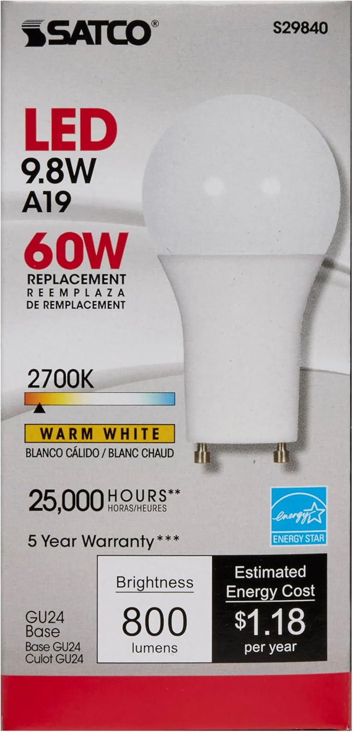 Satco S29840 Dimmable LED A19 Light Bulb, GU24 Base, 9.8W/120V 60W-Equivalent, 2700K/800 Lumens, Frosted White