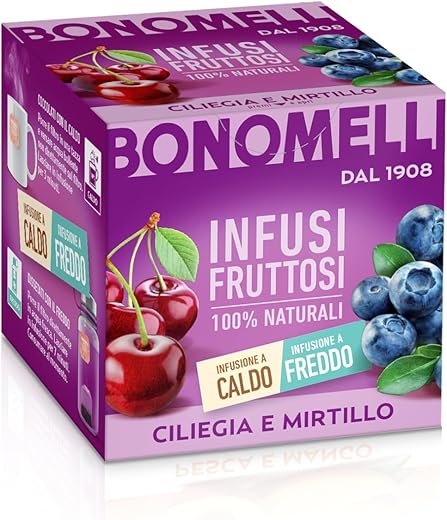 Bonomelli Infusi Fruttosi, Ciliegia e Mirtillo, Confezione da 12 Filtri, Gusto Dolce e Lievemente Acidulo, Infusione a Caldo e a Freddo, Ingredienti 100% Naturali (24g)
