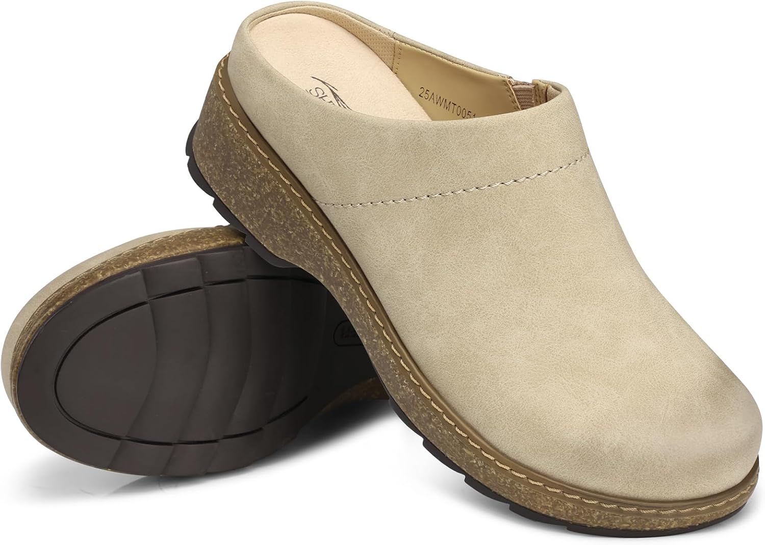 SHIBEVER Clogs for Women Mules Shoes Leather Slip On Clog Closed Toe Comfortable Mules Beige Size 9.5 - Image 6