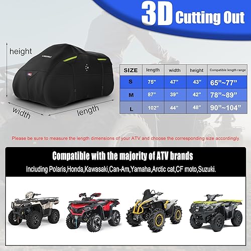Miniatura 7 de 600D ATV Cover - Waterproof Heavy Duty Trailerable Quad Cover - All Season Weather Proof Outdoor UV Protection for Polaris, Kawasaki, Yamaha, Black