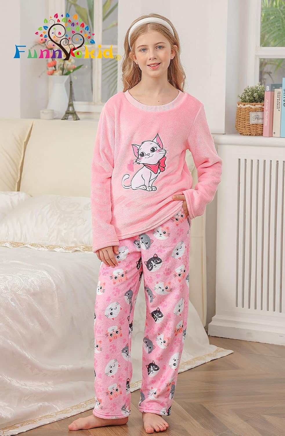 Funnycokid Girls Fleece Pajamas Set Kids Soft Flannel Pjs Pullover Top Pants Loungewear Size 7-14 - Image 5