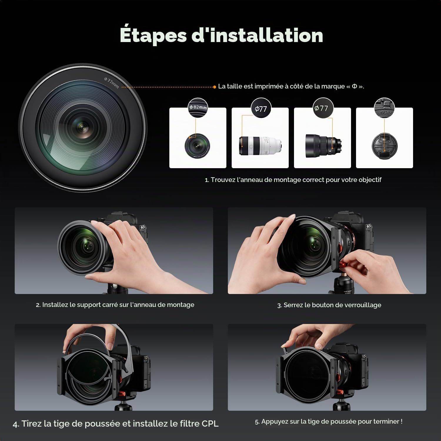 Detailed steps for installing the filter holder and CPL filter on a camera lens.