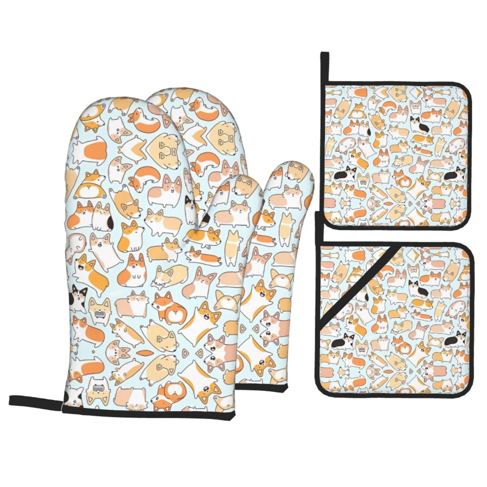 YYHHAOFA Dog Prints Kitchen Baking Set with Heat Resistant Pot Holders & Oven Mitts - Waterproof Layer for Hot Dishes, Grill & Microwave