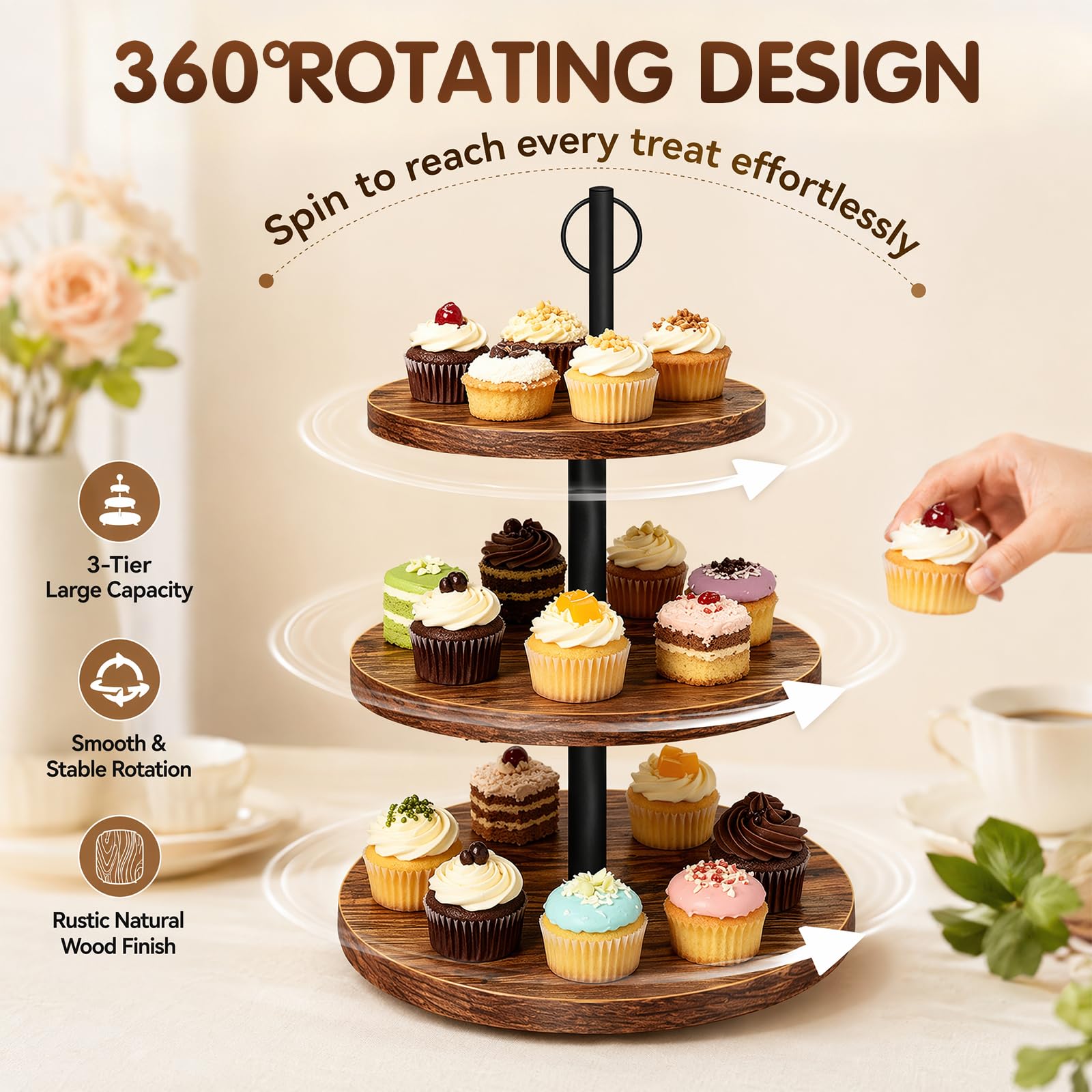 Alzata a 3 ripiani in legno, grande supporto per cupcake, girevole, rotonda, per muffin, torte, dessert, matrimoni, feste di compleanno (diametro 30/25/20 cm)