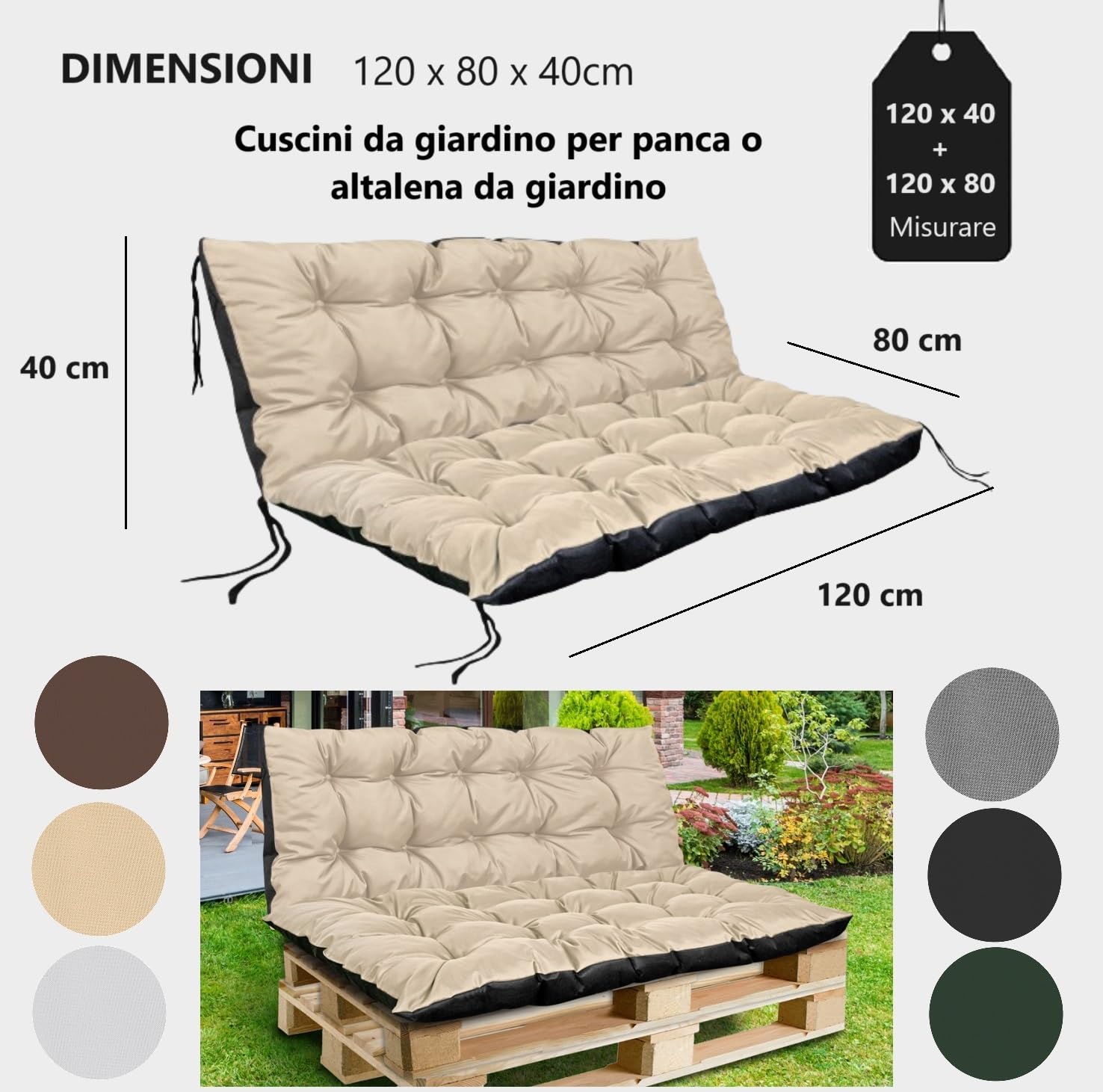 Set di cuscini per pallet 2 pezzi: cuscino per seduta 120 x 80 cm, schienale 120 x 40 cm – imbottitura morbida, facile da pulire, resistente all’acqua