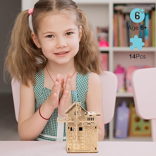 Miniatura 4 de CYAZOO - Rompecabezas de madera 3D para adultos, kit de modelo de molino de viento DIY con música que se puede girar, caja de música, rompecabezas
