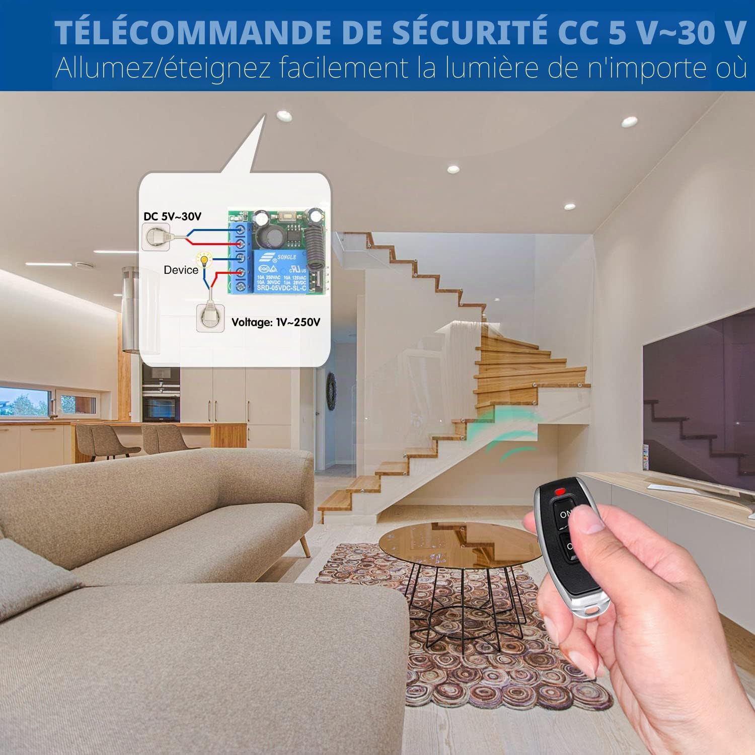 DieseRC Commutateur de Télécommande sans Fil 433Mhz 5V 12V 24V 1 Canal Radio Commande Relais Récepteur avec 5 émetteurs Porte-clés Contacts sans potentiel contrôleur de Relais