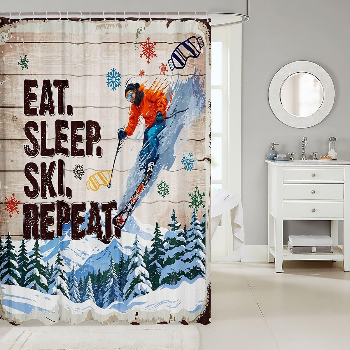 Ski Shower Curtain Rustic Farmhouse Brown Wooden Bathroom Curtain Skiing Skier Sports Games Bathroom Curtain Kids Boys Girls Adult Room Decor Winter Snow Mountain Bath Curtain,12 Hooks,72"Wx84"L