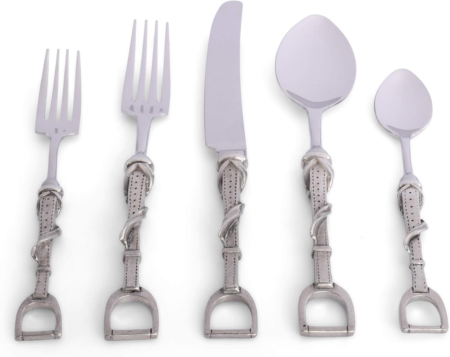 Vagabond House Pewter Metal Stirrup Equestrian Pattern 5 Piece Place Setting Flatware Everyday Lunch to Formal Dinner - Riding Décor 9.5 inch Long