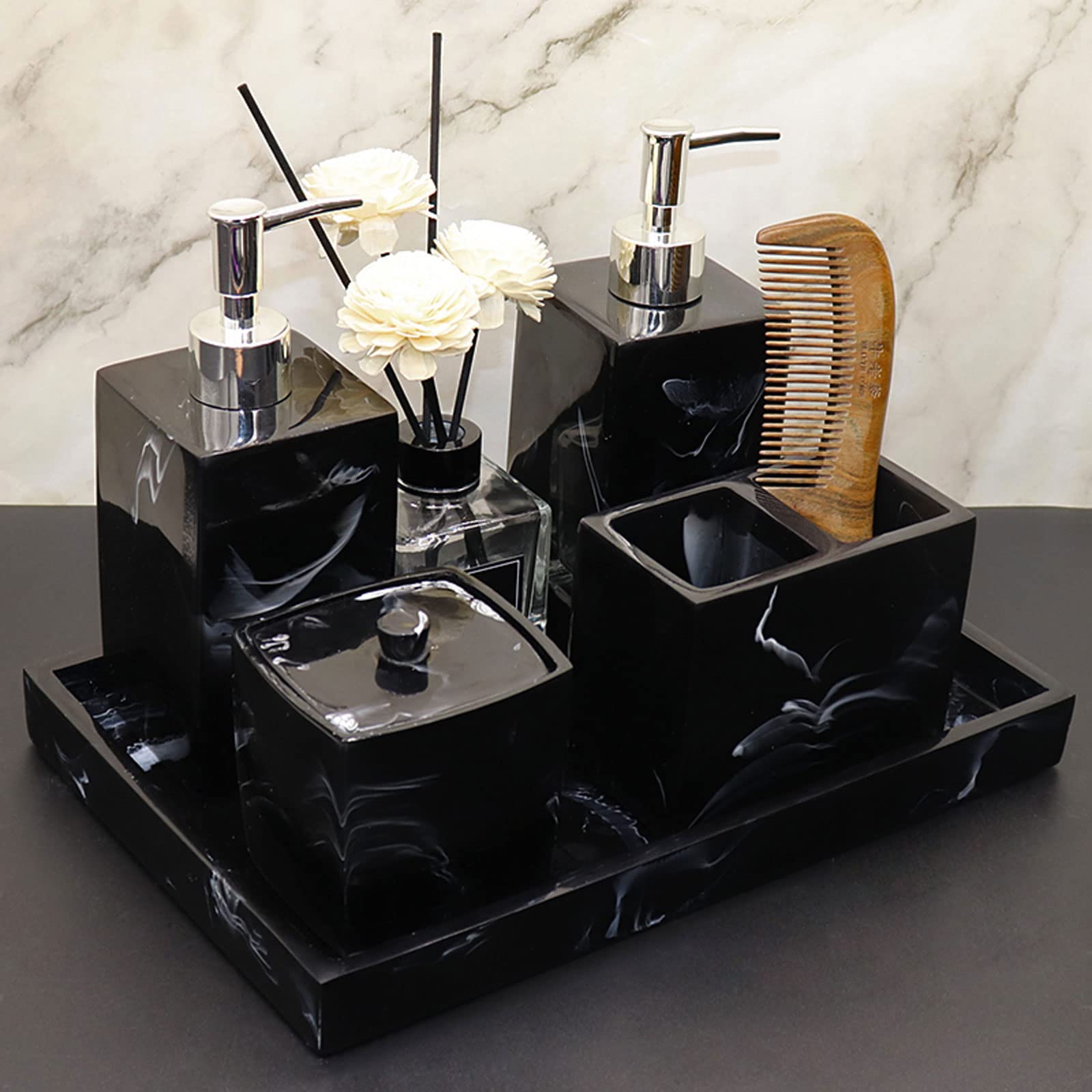 Juego de accesorios de baño de mármol negro para eliminar el desorden de botes en tu encimera