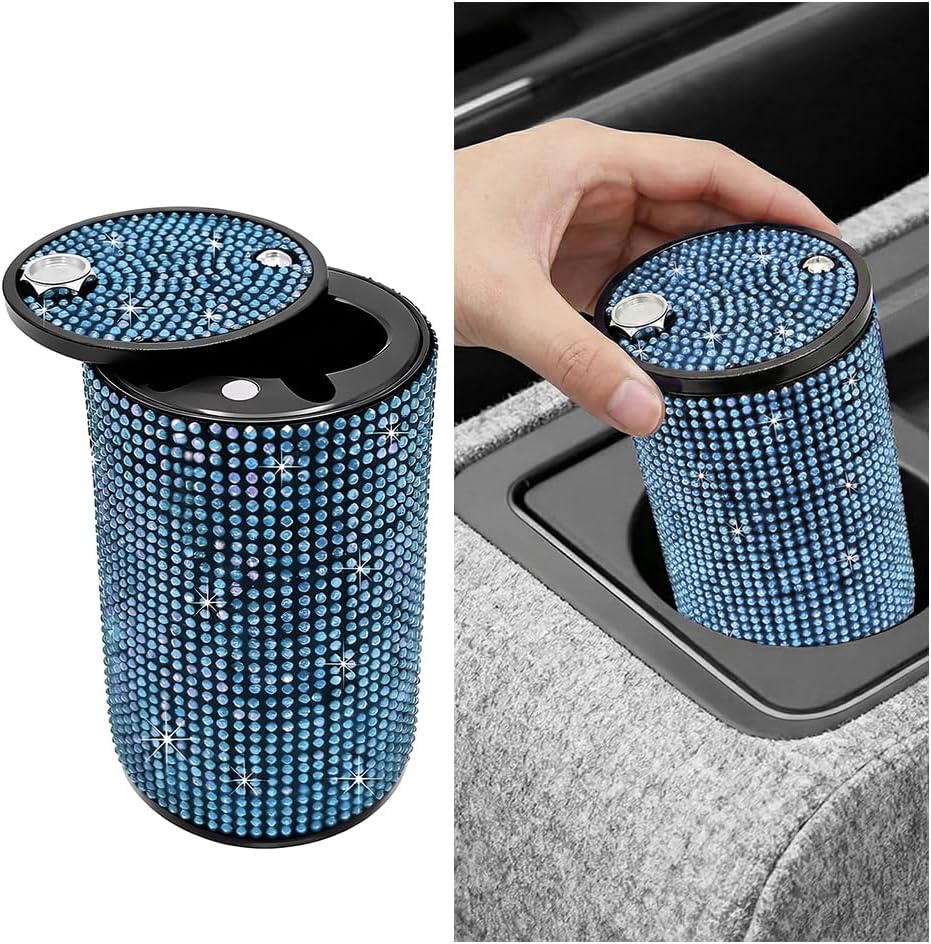 Bling Car Ashtray, Rhinestones Smell Proof Automotive Smokeless Ash Tray Holder with Lid, Sparkling Multifunctional Portable Vehicle Interior Cigarette Ashtray, Universal Fit (White)