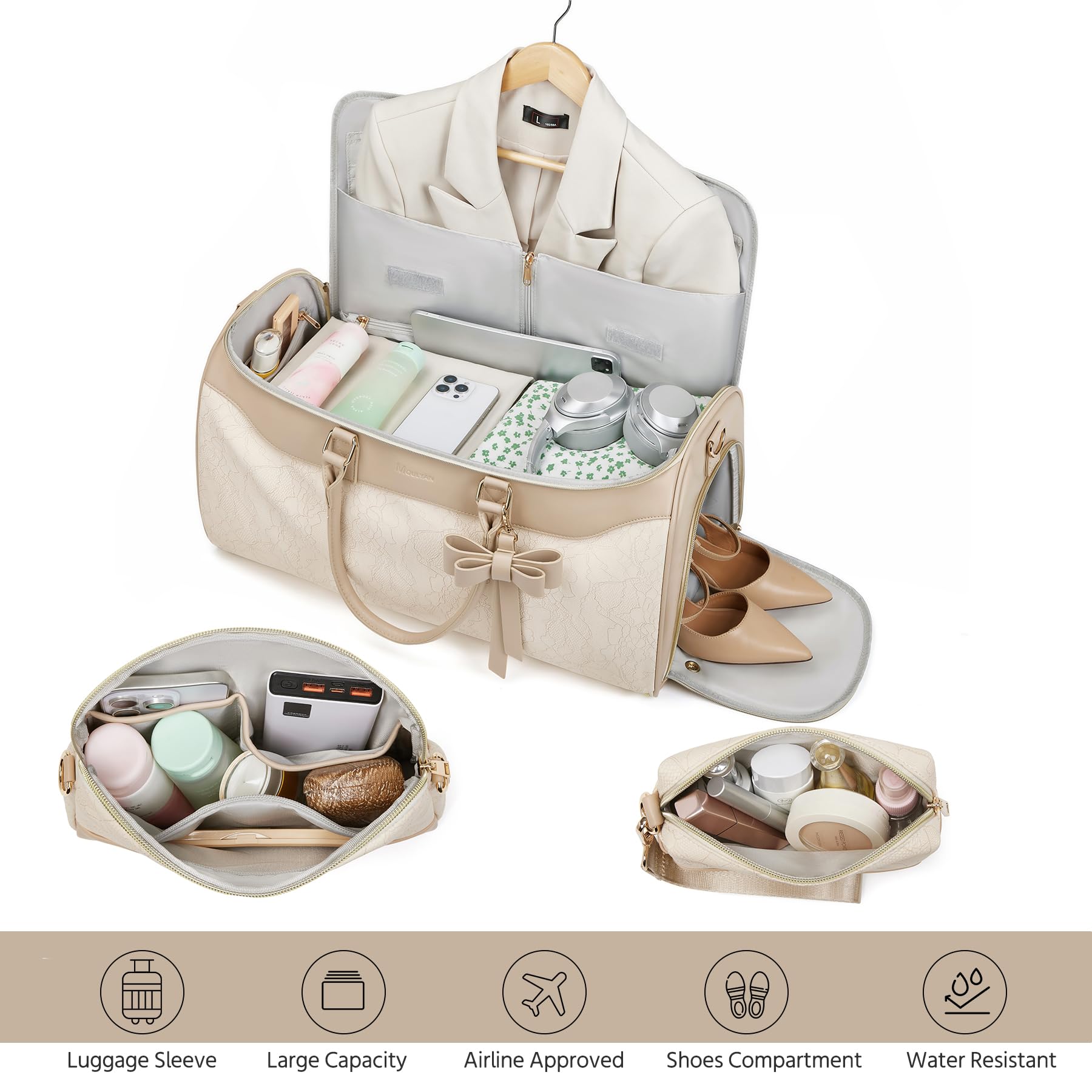 Lot de 3 Sacs à vêtements pour Voyage, Sac de Voyage Convertible en Cuir avec Trousse de Toilette, Sac de Transport imperméable avec Compartiment à Chaussures, Sac de Voyage 2 en 1 pour Femme, Beige