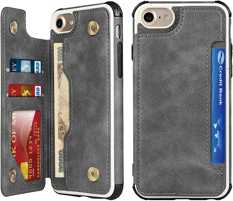 iCoverCase for iPhone 6/6s/7/8/SE 2020/SE 2022 Case, Wallet Card Holder Case Card Slots Wrist Strap PU Leather Flip Shockproof Cover for iPhone 6/6s/7/8/SE 2020/SE 2022 - Gray