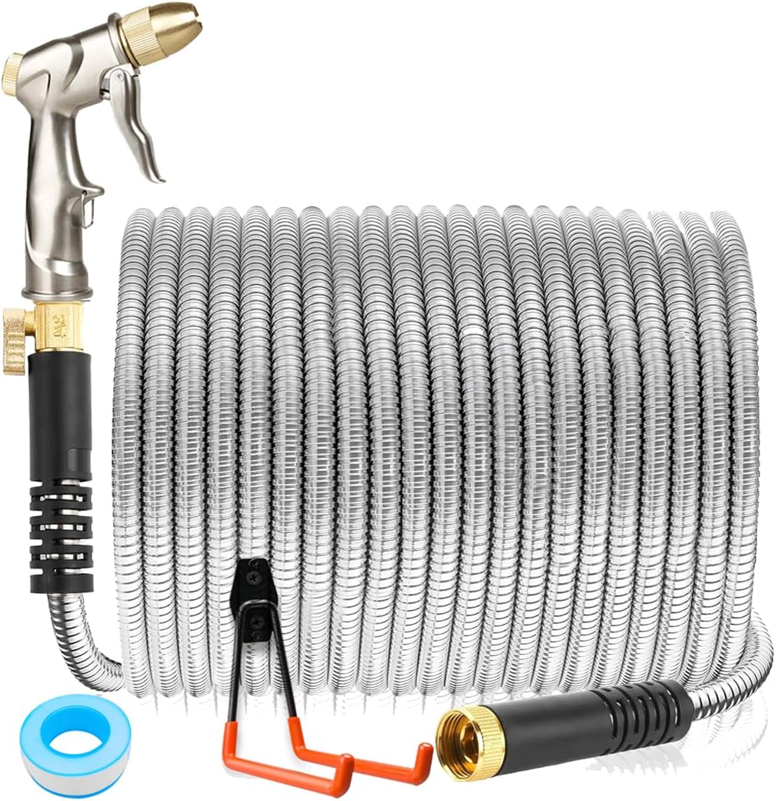 Stainless Steel Garden Hose Set with Brass Nozzle Hose Rack Hose Valve Flexible Anti-Kink, LightWeight,Puncture Proof,FrozenProof Heavy Duty Sprayer Head for Patio Yard Car Washing (50ft)