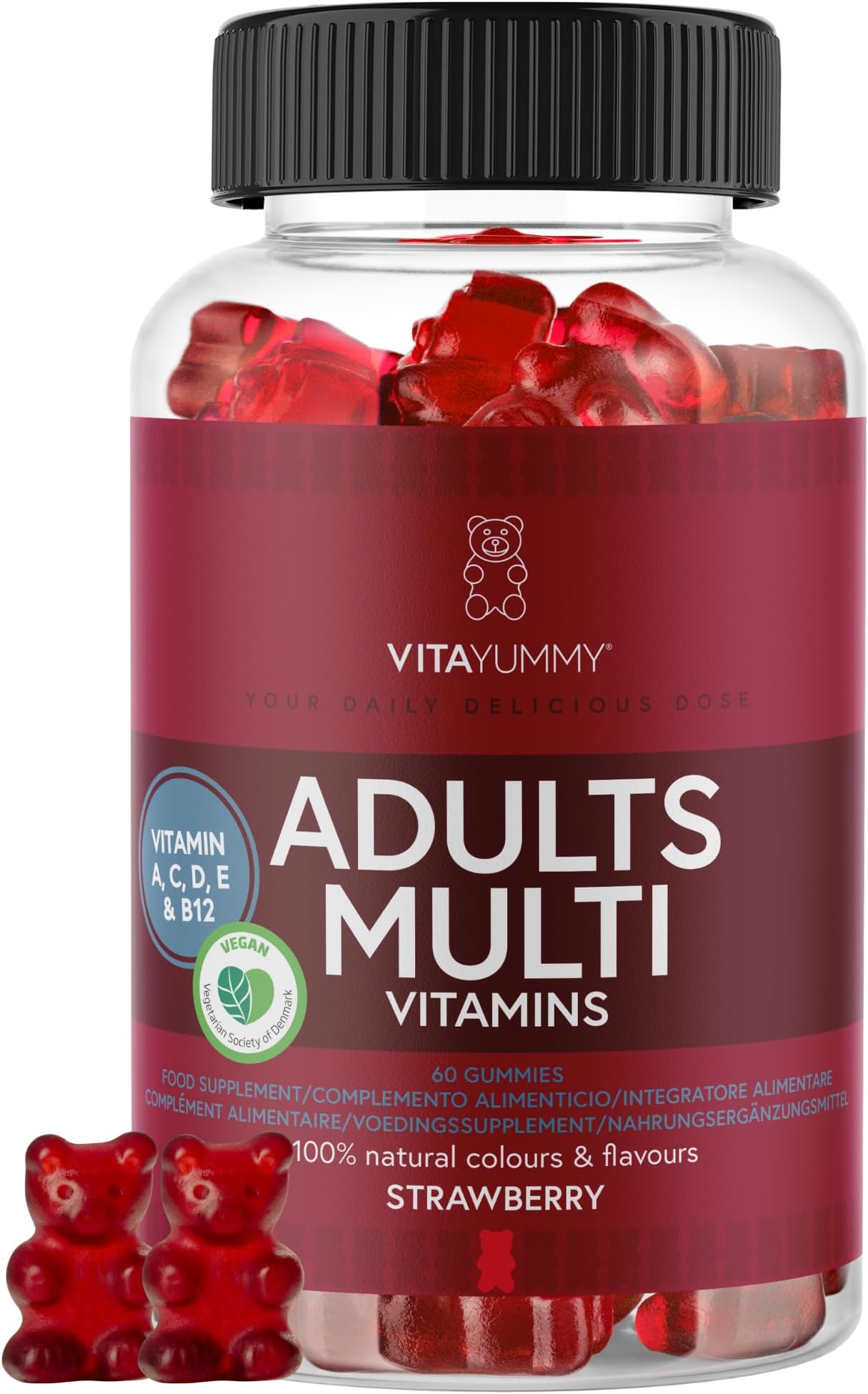 Multivitamin Gummies Adult Strawberry Flavour - Vegan Gummy Bears Dietary Supplement - Vitamin A, C, D, B12 and Zinc - Supports the Immune System - Vegan & Without Gelatine - 60 Gummies