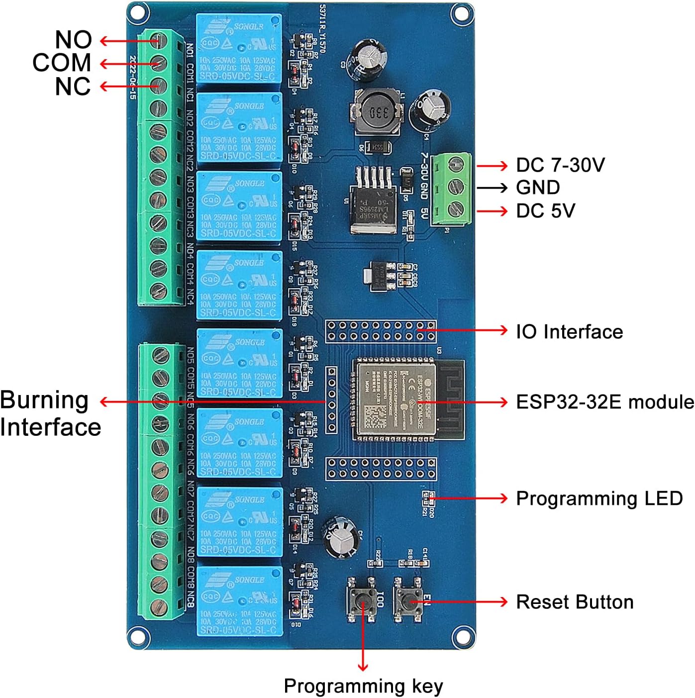 ESP32 WiFi 8 Channel Relay Module ESP32-WROOM-32E 8 Channel Development Board DC5-30V Power Supply Switch Controller Board for Arduino Smart Home Wireless Control