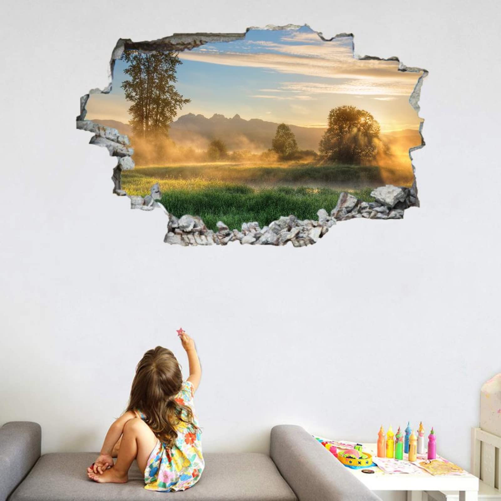 Árbol Tatuajes De Pared Wall Tattoo 3D Smashed Cielo Adhesivo De Pared Extraíble Calcomanías Murales Para Habitaciones Nubes Niñas Niños Dormitorio Mural Decoración Para El Hogar 75x113cm