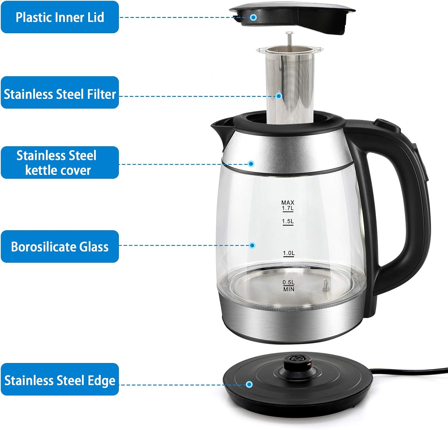 Electric Kettle 1.7L with Tea Infuser,1500W Fast Boiling Glass Water Boiler & Tea Heater Temperature Control with LED Indicator,Auto Shut-Off & Boil-Dry Protection…