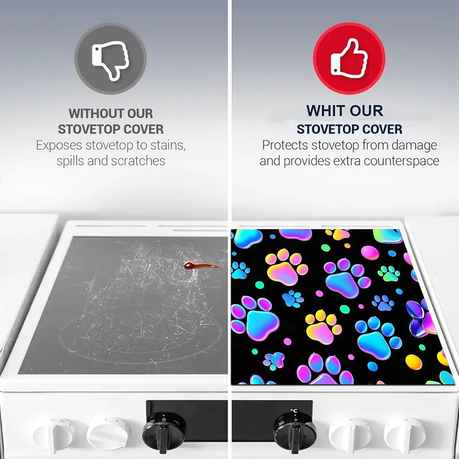 HOMETITUTE Rainbow Paw Print Stove Top Cover for Electric 28x20 Inch Diatomite Glass Stovetop Protector Pet Lover Kitchen Decor Electric Stove Cover Dish Drying Mat for Countertops and Sinks