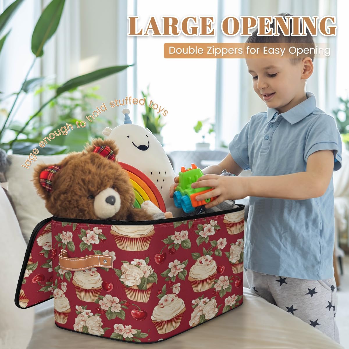 Storage Bin Set of 2 Flower Cupcake Storage Basket with Zipper Lid & Handle Foldable Closet Shelf 2 Pack Cloth Organizer Basket Cube Bins Clothes Organizer for Bedroom, Nursery