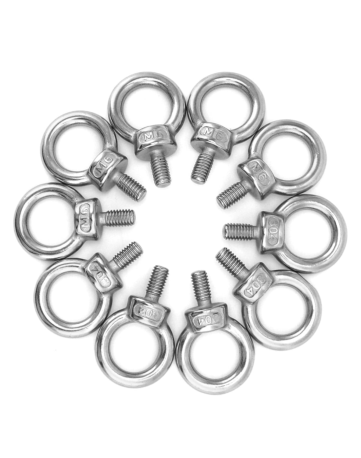 QWORK M6 Shoulder Lifting Eye Bolts, Pack of 10, 12mm Male Thread, 304 Stainless Steel Ring Eyebolts, Metric Thread Pitch 1mm for Machinery Hoisting, Wire Rope, String Lights, Clotheslines