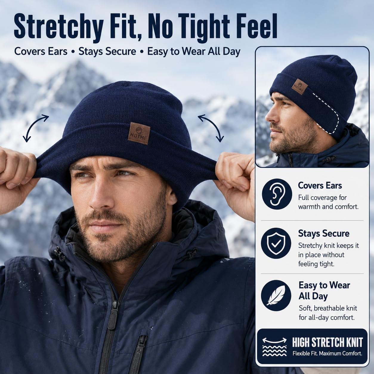 XXL Oversized 100% Merino Wool Beanie Hat for Men & Women, Extra Large Warm Winter Cap for Big Heads, Stretchy Knitted Cap