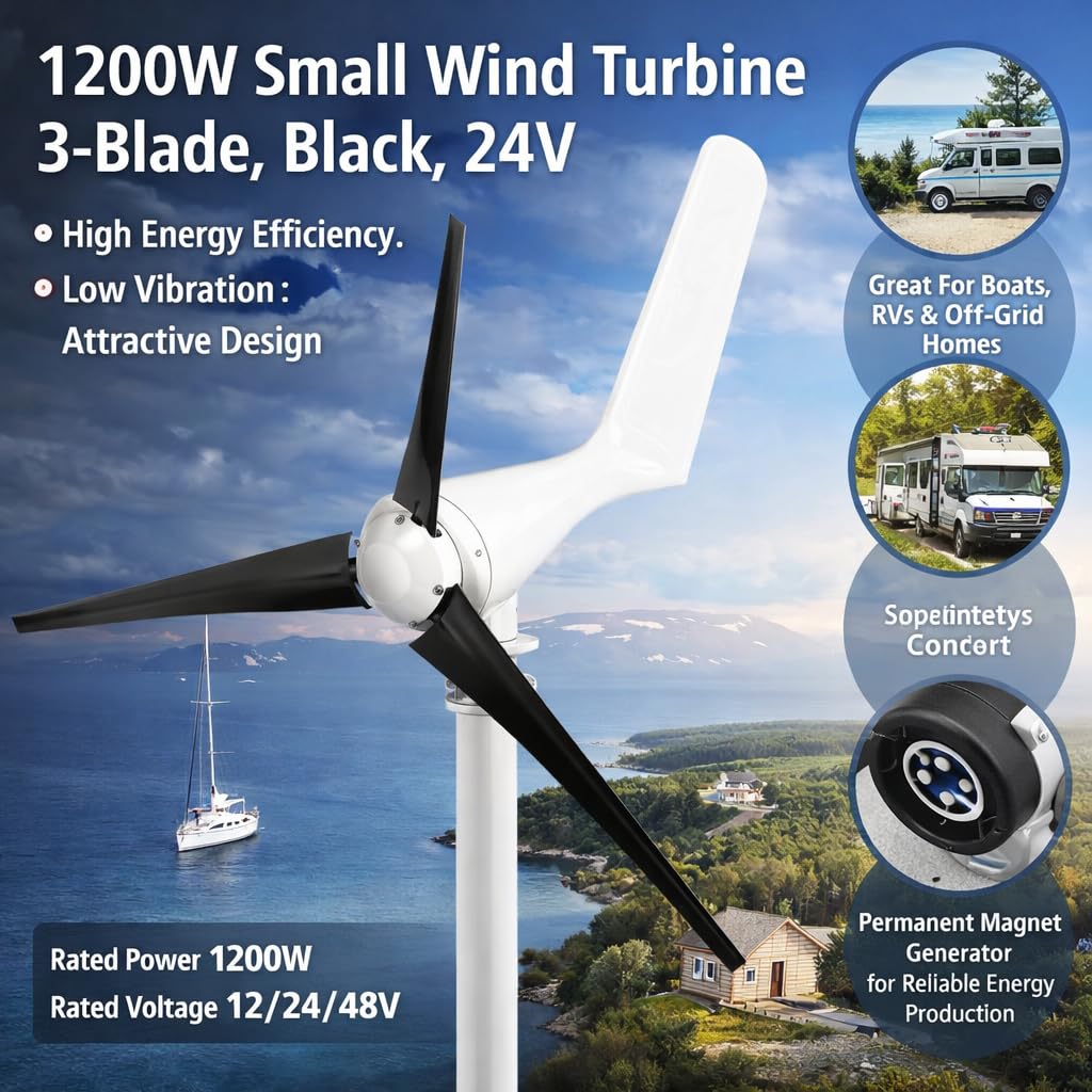 Windturbinengenerator 1200W, 3-Blatt-Windregler-Turbinengenerator-Kit für Windmühlen und Ladestation zu Hause (Black 24V)