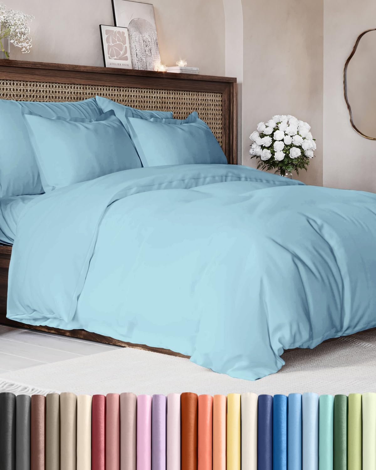 Duvet Cover Super Queen Size - 3 Piece with Zipper Closure - Light Blue