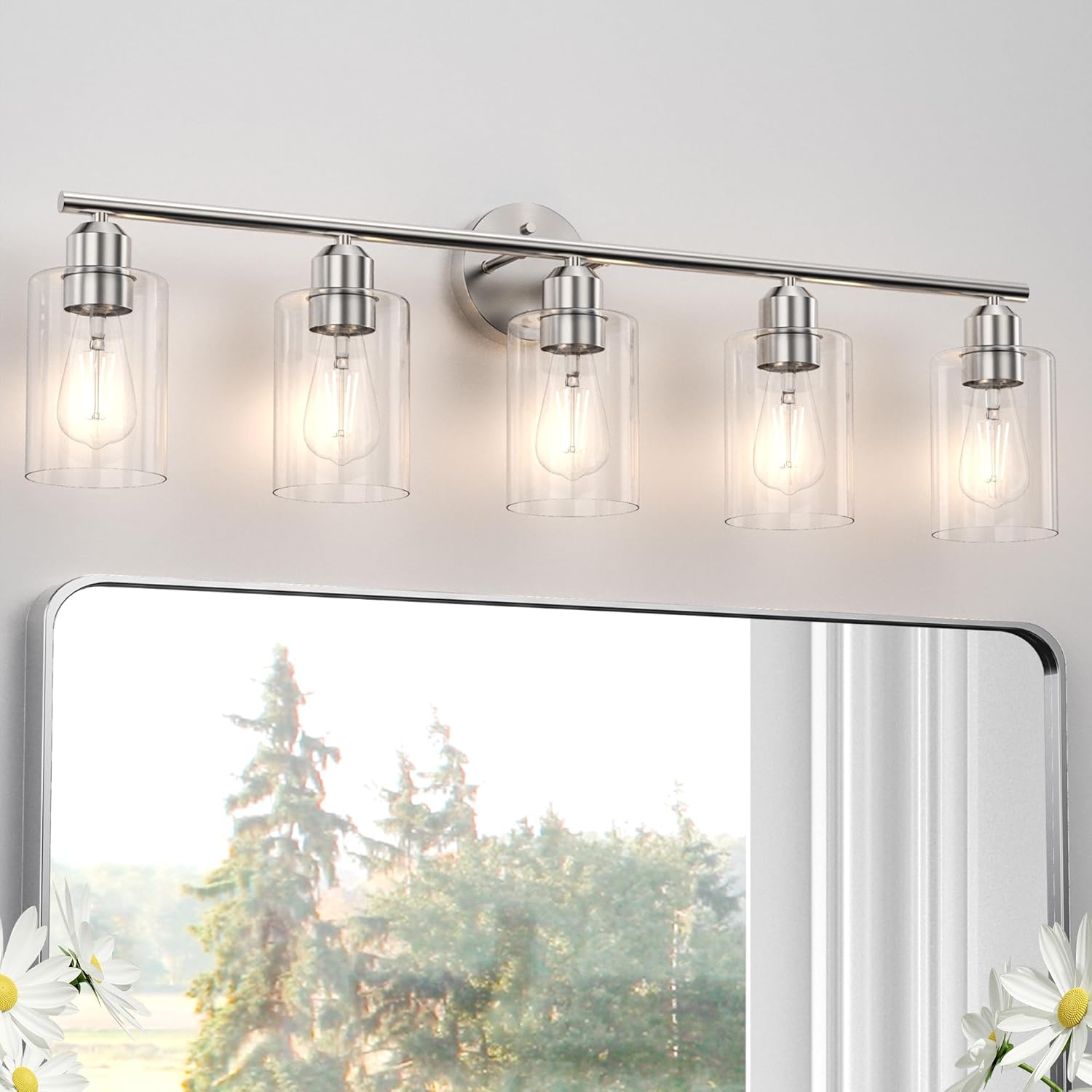 Espird Bathroom Vanity Light Fixtures Brushed Nickel Bathroom Lighting Fixture, 5 Lights Bathroom Light Fixture Over Mirror, Modern Black Vanity Light, Wall Sconces with Glass Shades