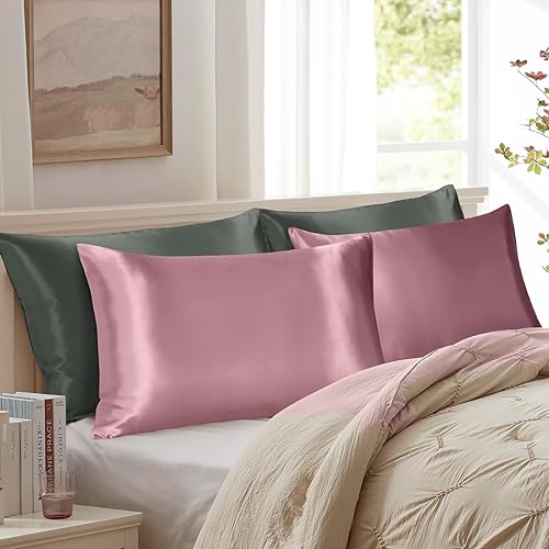 Miniatura 9 de OTOSTAR Juego de 2 fundas de almohada de satén de tamaño estándar, fundas de almohada de rosa nostalgia para cabello y piel, fundas de almohada