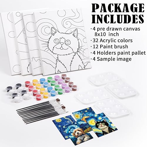 Miniatura 5 de VOCHIC Paquete de 4 kits de sorbo y pintura, lienzo predibujado para pintar para adultos, niños, noche de niñas, kit de pintura para parejas, juegos