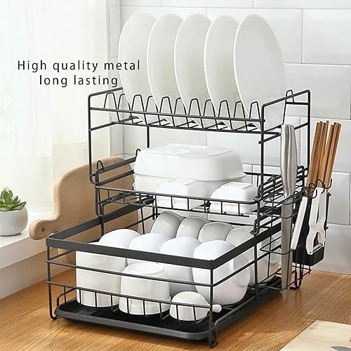 Miniatura 4 de Escurridor de platos de 3 niveles, escurridor de platos negro para encimera de cocina, coladores de platos de acero inoxidable para encimera de