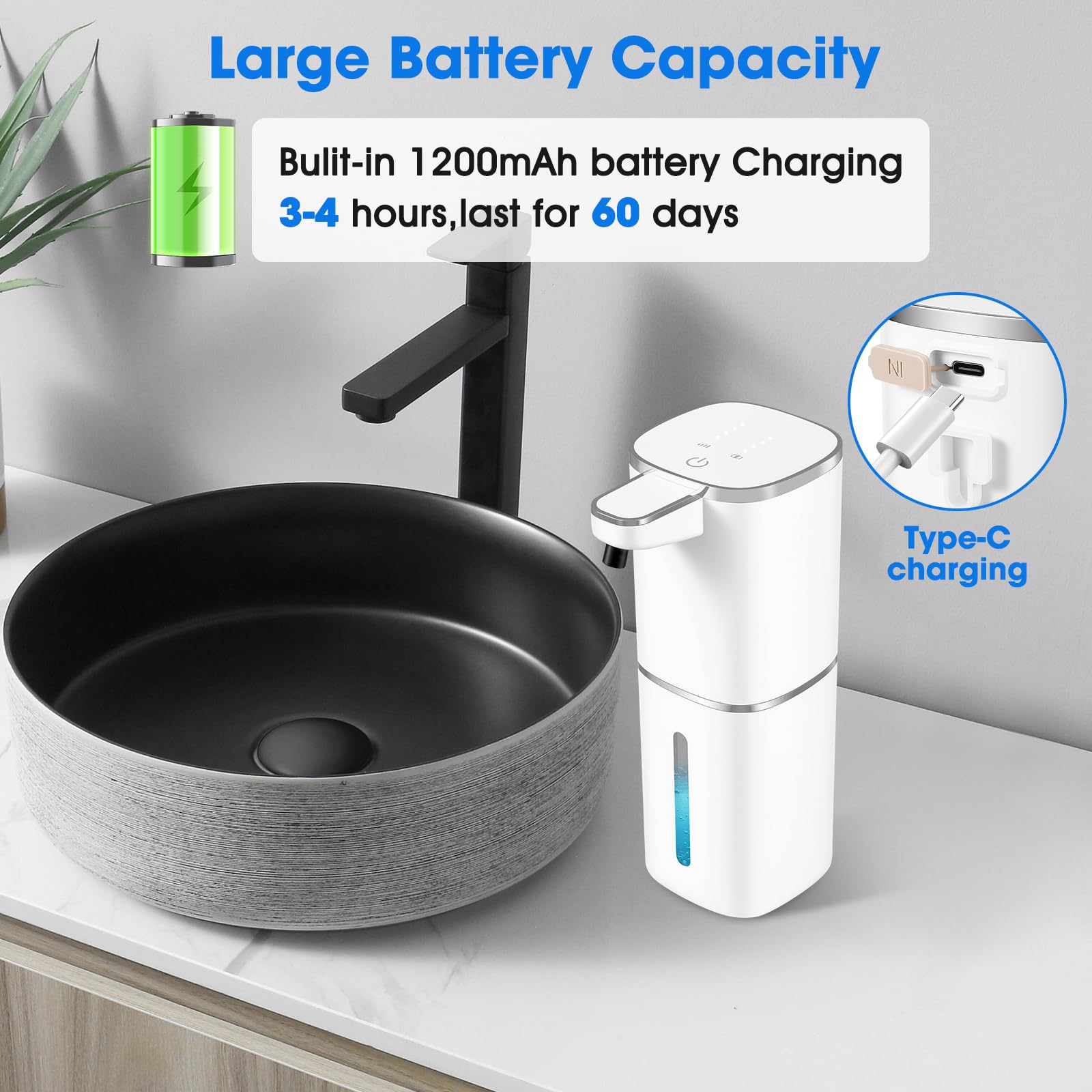 Confezione da 2 dispenser automatico di sapone liquido, dispenser di sapone senza contatto, 400 ml, ricaricabile, da parete, dispenser intelligente per bagno e cucina, facile per i più piccoli (bianco