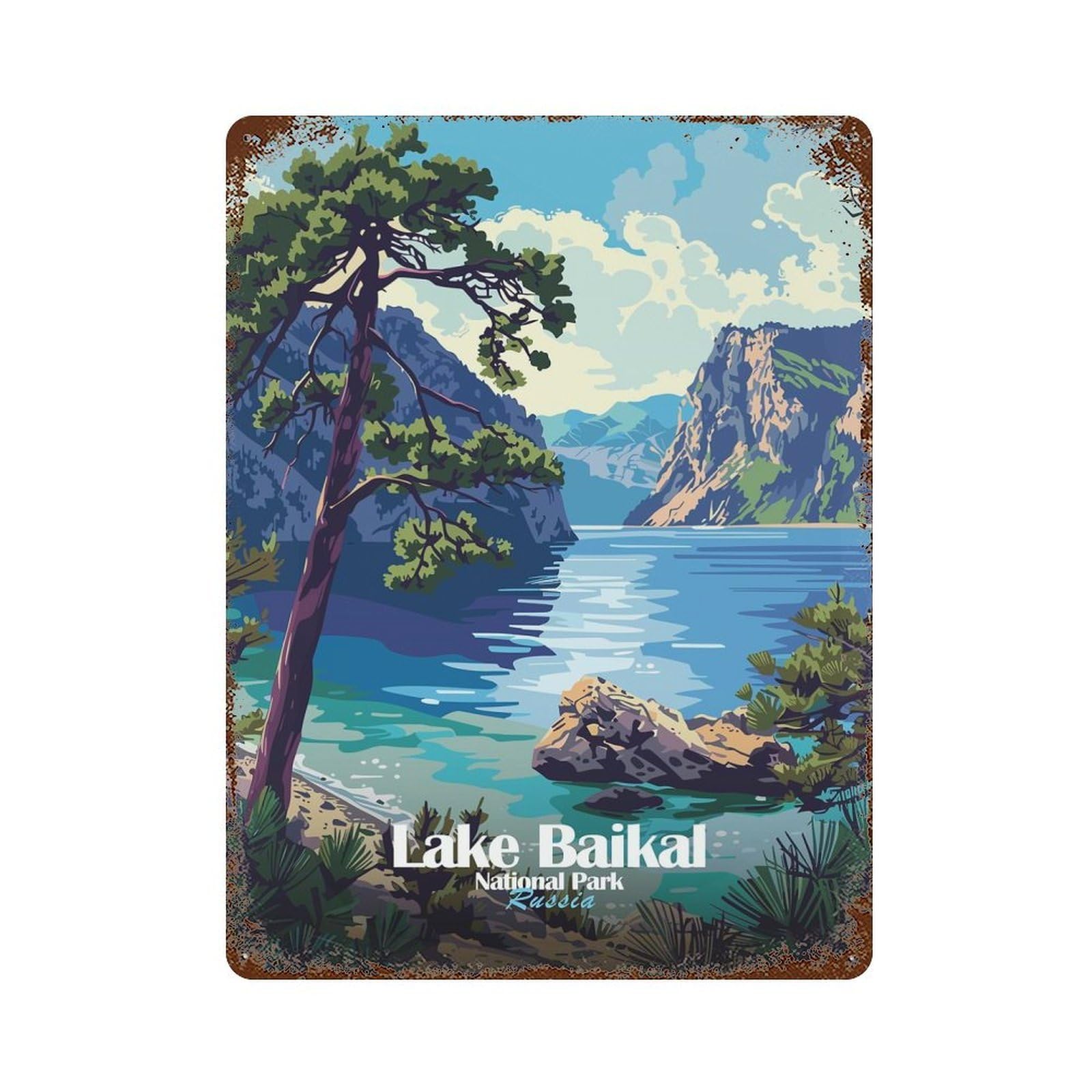 Lake Baikal National Park Russia Weathered Tin Sign 15.7"x11.8", Ideal for Shed, Workshop And Garage Wall Decor