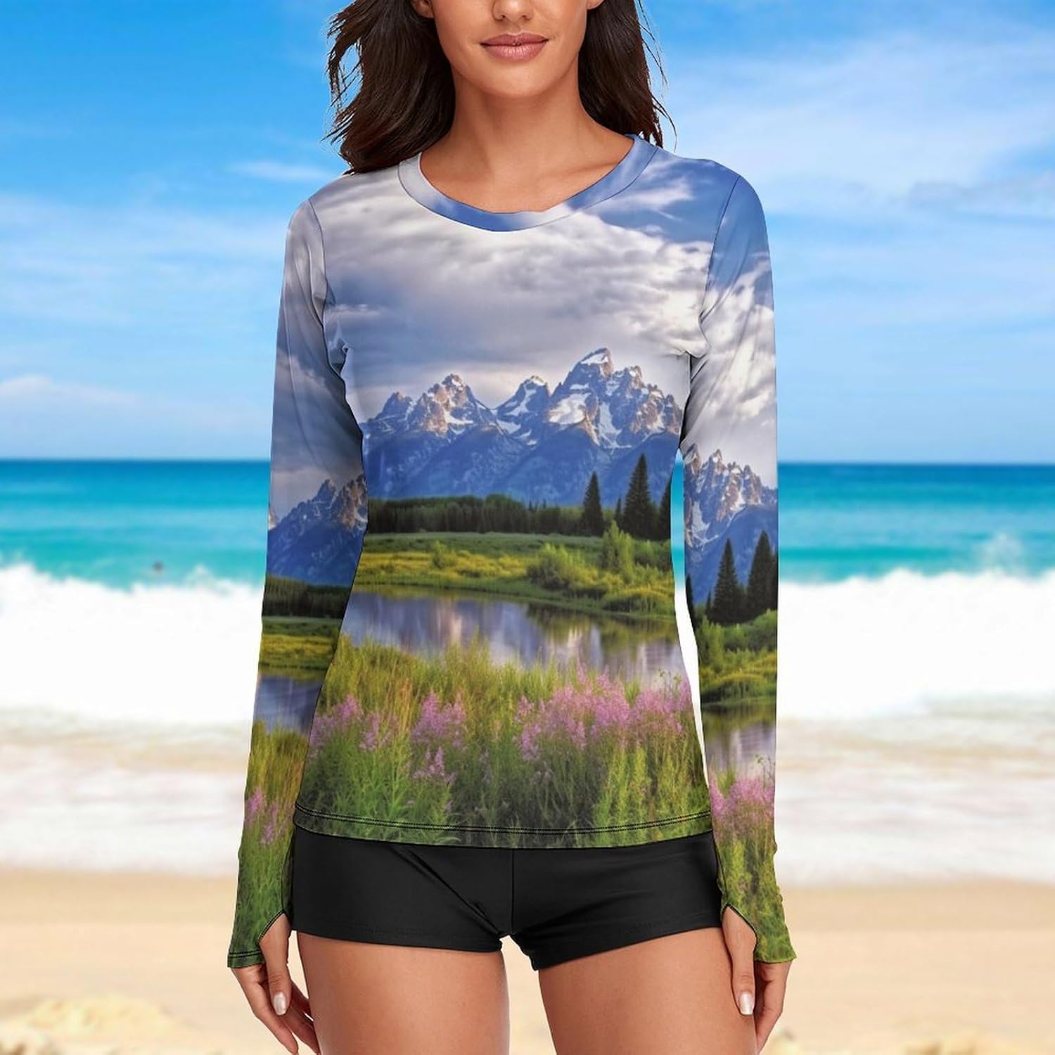 Grand Teton National Park Rash Guard for Women UPF 50+ UV Sun Protection | Long Sleeve Workout Top Quick Dry Athletic Hiking Shirt Moisture Wicking Swim Shirt for Running, Cycling, Swimming