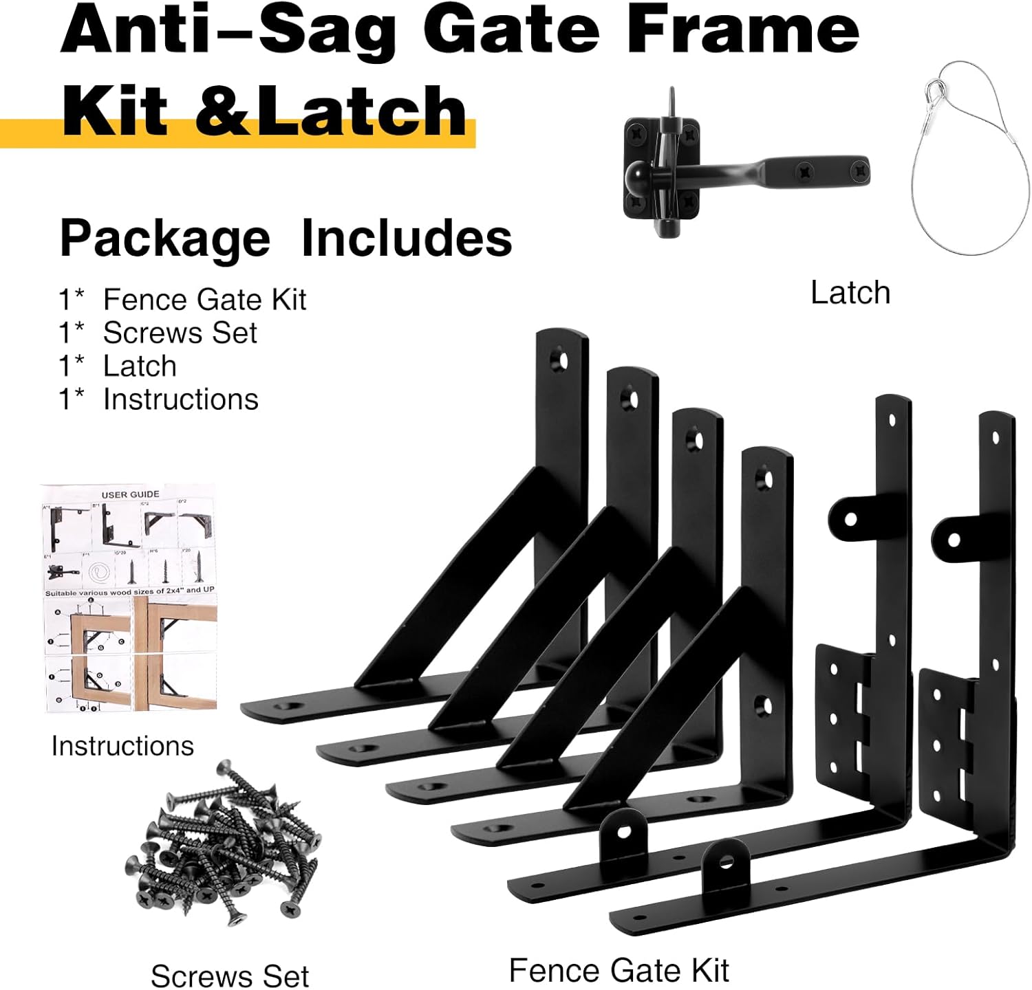 Anti Sag Gate Kit, Gate Corner Brace Bracket,Heavy Duty No Sag Kit for Wooden Fence Gate with Self-Locking Gate Latch for Wooden Fence, Driveway, Corral Gates, Wood Windows (Single Door Set)