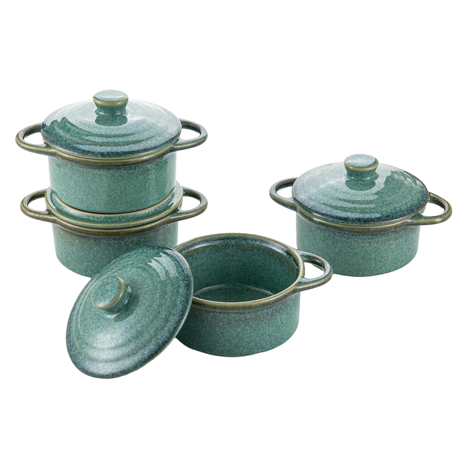 HENXFEN LEAD Cazuela de cerámica, 350 ml, mini ramequines de soufflé de cocottes con tapas y asas, juego de 4 moldes pequeños para hornear, color verde brillante